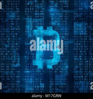 Bitcoin digital currency. Symbol of bitcoin on blue binary code. abstract background vector illustration Stock Vector