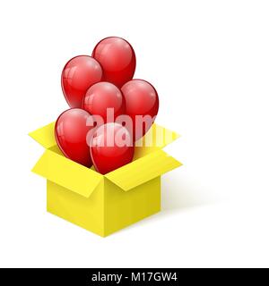 red glossy balloons flying out of an opening yellow box. vector illustration Stock Vector