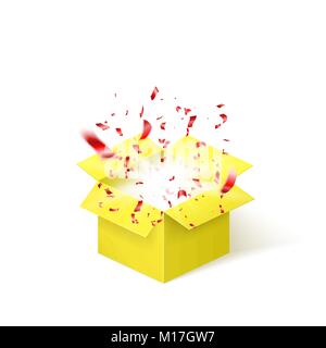 Yellow box with red confetti. Surprise box isolated on white background. Vector illustration Stock Vector