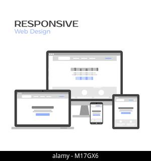 Concept Responsive Web Design. Landing page preview on gadgets screen. Flat vector illustration isolated on white Stock Vector