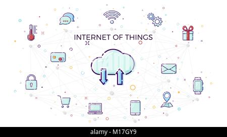 Concept Internet of things. Cloud network concept for connected smart devices. Vector illustration of IoT and network connections icons in white backg Stock Vector