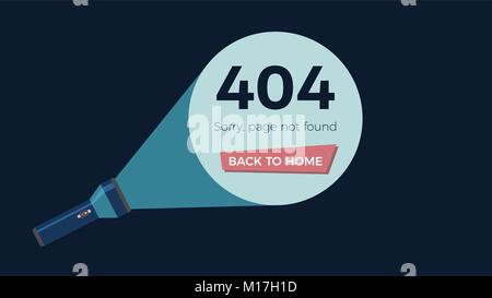 Screen error 404, page not found. Flashlight shine on text and button. Flat vector illustration Stock Vector