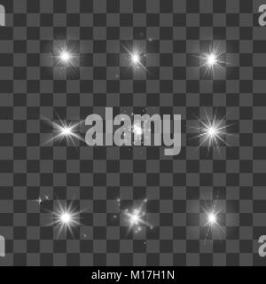 Glowing lights, stars and sparkles set. Stars collection isolated on dark transparent background. Vector illustration