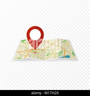 City map with red marker pin. Abstract city map design. Vector illustration in flat design isolated on transparent background Stock Vector