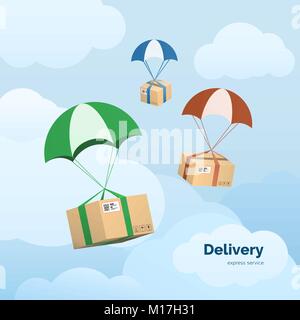 Delivery Services and Commerce. Packages flying on parachutes. Flat vector illustration elements isolated on sky background Stock Vector
