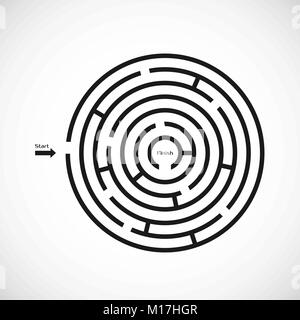 Abstract maze labyrinth icon. Circular labyrinth shape design element. Vector illustration isolated on white background Stock Vector