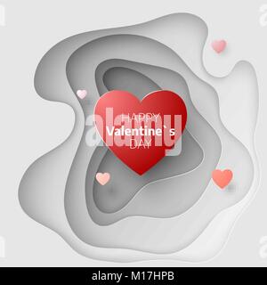 Paper art concept of Valentines day. February 14 greeting card cover. Love romantic messages with hearts. Hearts on abstract love background. Carve pa Stock Vector