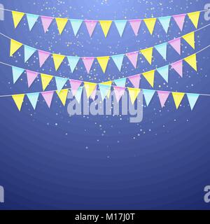 Color festival triangular flag garland. Decoration banner for birthday holiday, festival, carnival and anniversary. Colorful flags with confetti. Vect Stock Vector