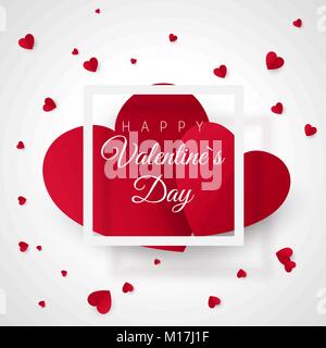 Valentines day greeting card template. Two big heart and white frame. Romantic postcard for your love. Vector illustration on white background Stock Vector
