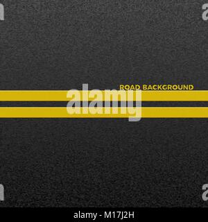 Structure of granular asphalt. Asphalt texture with two yellow line road marking. Abstract road background. Vector illustration Stock Vector