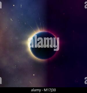 Solar eclipse. Abstract astral universe background. Rays of starlight burst out from behind the planet. Astronomy effect - sun eclipse. Vector illustr Stock Vector