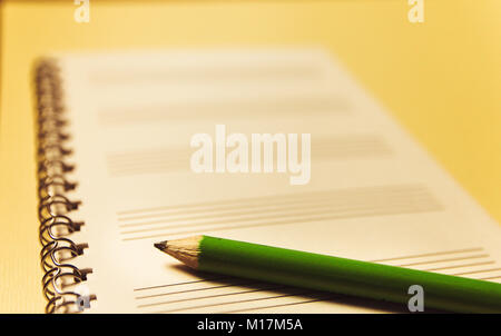 notebook and a green pencil on yellow background. Office theme. Stock Photo