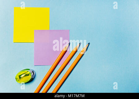 stickers, sharpener,record sheets and pencils Office theme Stock Photo