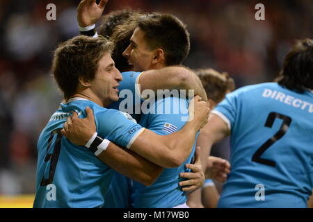 Vancouver, Canada. 27 January, 2018.  Uruguay team players celebrating Lindsey Horan try. Canada vs Uruguay, BC Place Stadium. Uruguay wins  38 - 29. © Gerry Rousseau/Alamy Live News Stock Photo