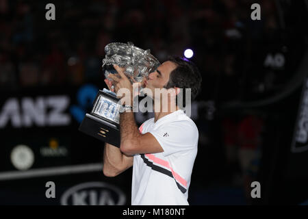 Melbourne, Australia. 28th January 2018. Swiss tennis player Roger Federer is in action during his finals match at the Australian Open vs Bosniac tennis player Marin Cilic on Jan 28, 2018 in Melbourne, Australia.- ©Yan Lerval/Alamy Live News