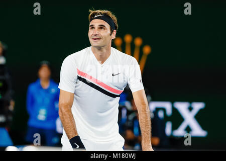 Melbourne, Australia, 28th January 2018: Swiss tennis player Roger Federer wins his 20th Grand Slam title at the 2018 Australian Open at Melbourne Park. Credit: Frank Molter/Alamy Live News