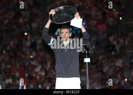 Melbourne, Australia. 28th January 2018. Bosniac tennis player Marin Cilic is in action during his 1st round match at the Australian Open vs Swiss tennis player Roger Federer on Jan 28, 2018 in Melbourne, Australia. Credit: YAN LERVAL/AFLO/Alamy Live News