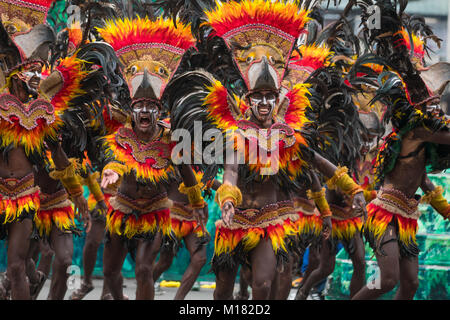 Iloilo City, Philippines. 28th January 2018.The culmination of Dinagyang,One of the most vibrant tribal street dancing festivals in the country took place on Sunday marking it's 50th year with ten of the best Ati Tribes taking part in the spectacular showdown. Some contingent groups numbered up to 350 participants which included drummers props people and dancers. Credit: imagegallery2/Alamy Live News Stock Photo