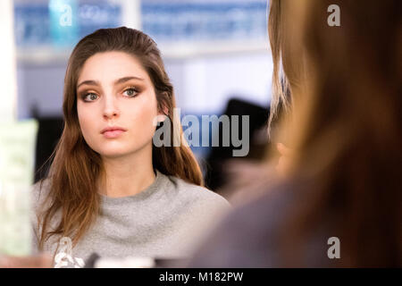 Madrid, Spain. 27th January, 2018. A model is makeup after the show of Miguel Marinero during Mercedes Benz Fashion Week Madrid Fall/Winter 2018 at Ifema on February 27, 2018 in Madrid, Spain. ©David Gato/Alamy Live News Stock Photo