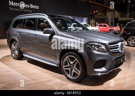 BRUSSELS - JAN 10, 2018: Mercedes Benz GLS full-size luxury SUV car showcased at the Brussels Motor Show. Stock Photo