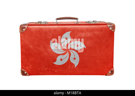 Vintage suitcase with Hong Kong flag isolated on white background Stock Photo