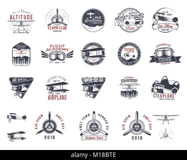 Vintage hand drawn old fly stamps. Travel or business airplane tour emblems. Biplane academy labels. Retro aerial badge isolated. Pilot school logo. Plane tee design, prints, web design. Stock vector Stock Vector