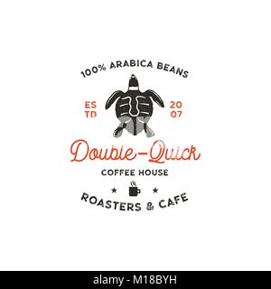Roasters and cafe logo template with turtle, cup silhouette symbol. Wild animal icon. Coffee bar logotype, vintage hand drawn badge, label. Typography insignia. Stock vector isolated. Stock Vector