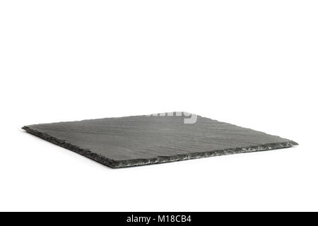 Empty black slate plate isolated on white background. slate board isolated. Stock Photo