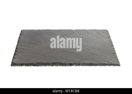 Empty black slate plate isolated on white background. Stock Photo