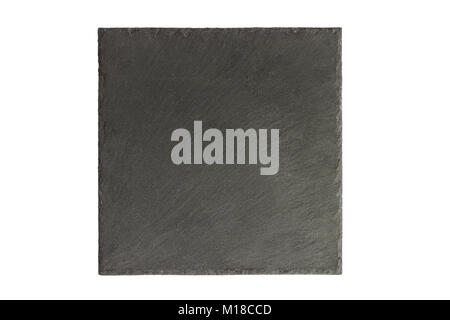 Square slate board. Black slay tray for food isolated on white background. Stock Photo
