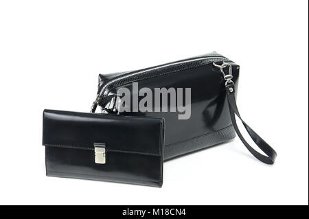 Glancy cosmetic bag and a wallet on the white background Stock Photo