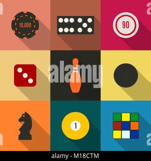 Various game icons isolated on white background. Checkers, chess, dominoes, dice, bowling and casino chips. Flat style with a long diagonal shadow, ve Stock Vector