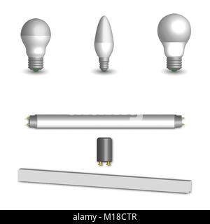Set of various photorealistic light-emitting diode and fluorescent light bulbs. Elements for the design of electrical components. 3d style, vector ill Stock Vector