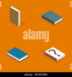 Set of icons, collection of various books isolated on yellow background. Elements design of printed materials. Flat 3d isometric style, vector illustr Stock Vector