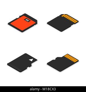 Set of different memory cards isolated on white background. Flat 3D isometric style, vector illustration. Stock Vector