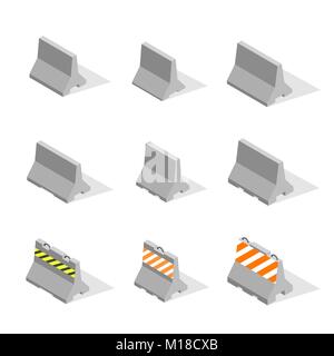 Set of iron concrete road barriers with a markup, isolated on white background. Flat 3D isometric style, vector illustration. Stock Vector