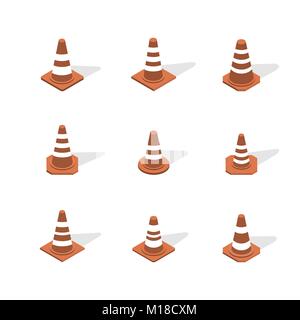 Set of different cone signs road repairs, isolated on white background. Under construction design elements. Flat 3D isometric style, vector illustrati Stock Vector