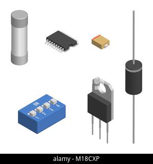 Set of different active and passive electronic components isolated on white background. Resistor, capacitor, diode, microcircuit, fuse and button. 3D  Stock Vector