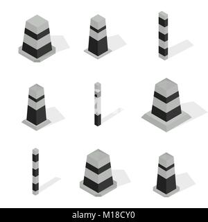 Set of protective barriers and road concrete columns with black stripes, isolated on white background. Flat 3d isometric style, vector illustration. Stock Vector