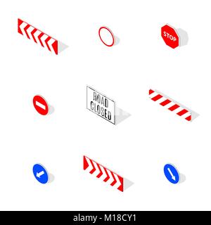 Set of round and rectangular road signs isolated on white background. Under construction design elements. Flat 3D isometric style, vector illustration Stock Vector