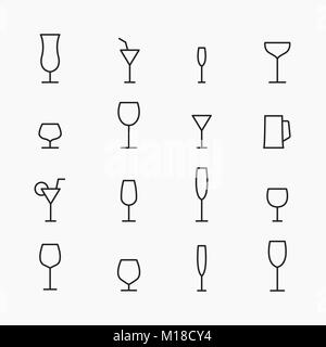 Set of different wine glasses for alcoholic drinks of thin lines, isolated on white background, vector illustration. Stock Vector