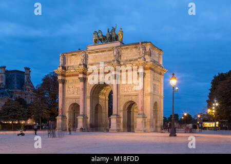 Arc de Triomphe du Carrousel,small triumphal arch in the twilight,Tuilery Garden,Paris,France Stock Photo