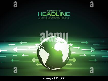 Dark green technology background with globe and arrows. Vector design Stock Vector