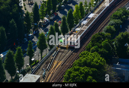 Tokyo, Japan - Sep 29, 2017. A train coming to JR station at Shibuya District in Tokyo, Japan. Rail transport in Japan is a major means of passenger t Stock Photo