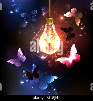 Glass bulb with night butterflies on a dark luminous background. Night butterflies. Design with butterflies. Stock Vector