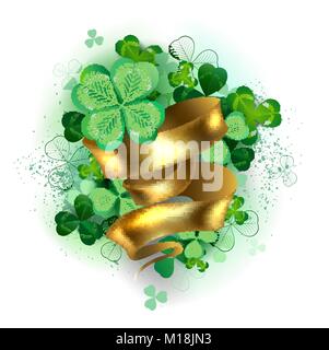 Green clover with four leaves with a gold  ribbon on a white background. St.Patrick 's Day. Stock Vector