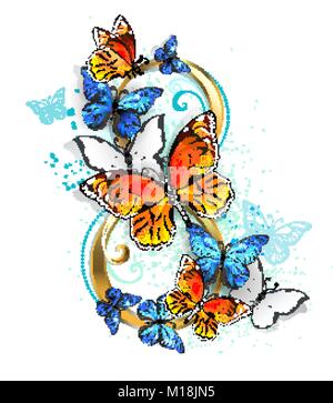 Figure of eight made of gold, decorated with realistic orange and blue on a white background. Butterfly morpho and Monarch. Design with butterflies. Stock Vector