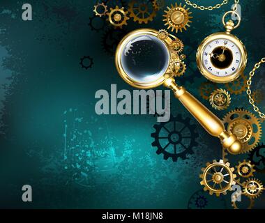 An antique magnifying glass with golden handle and convex lens on  green background with gold gears and an antique clock. Steampunk style. Stock Vector