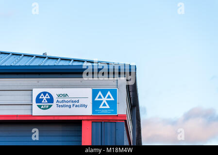 Northampton UK January 04 2018: VOSA Authorised Testing Facility sign in Sixfields industrial park. Stock Photo