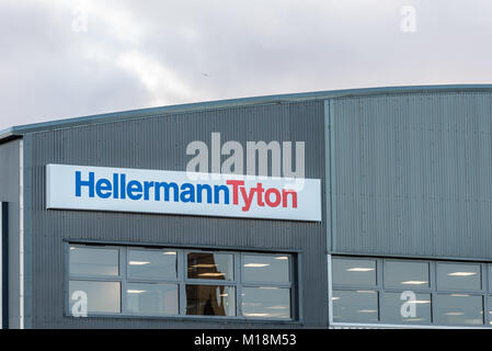 Northampton UK January 04, 2018: HellermanTyton cables logo sign in Sixfields Industrial Park. Stock Photo